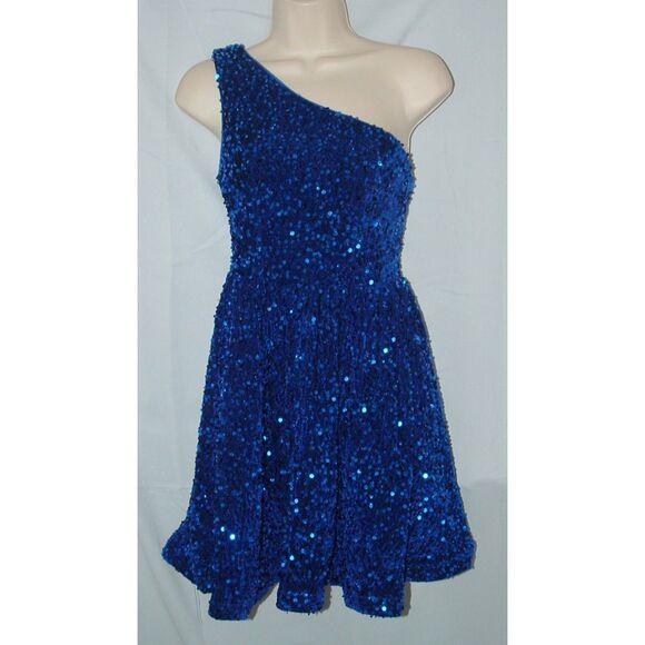 Girls Sz 14 Royal Blue Sparkly Sequin One Shoulder Lined Party Dress ALISA & LEO - Picture 3 of 6